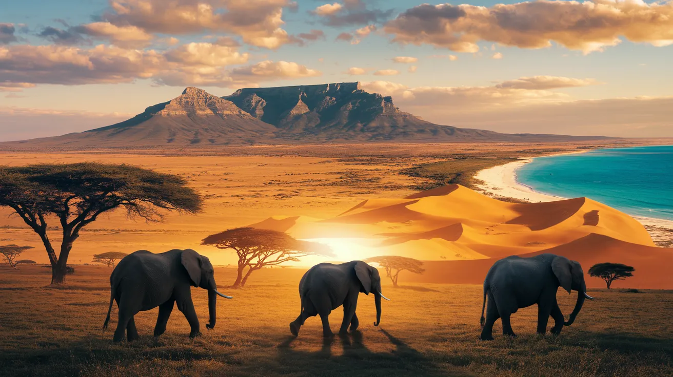 African safari landscape - elephants at sunset, Cape Town, Moroccan desert