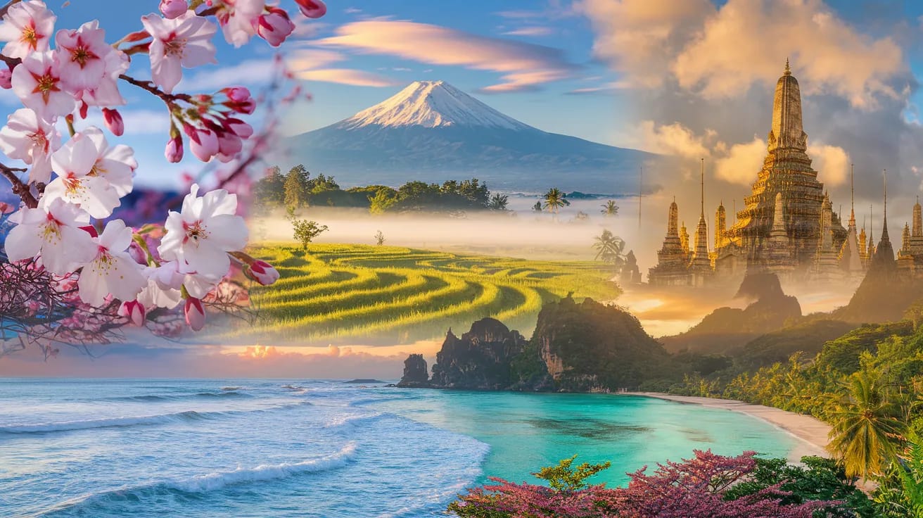 Asian landscape - Mount Fuji, Bali terraces, Thai temples