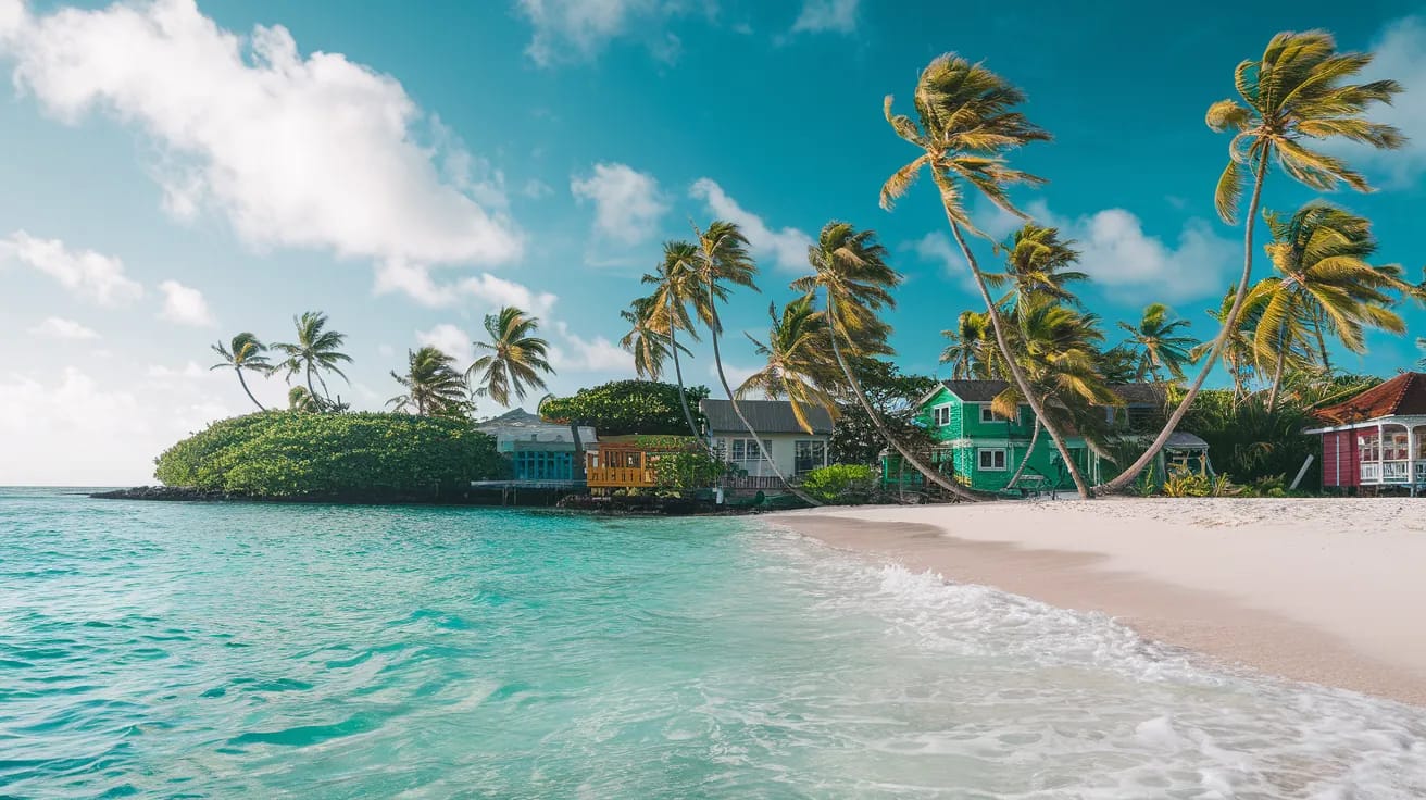 Caribbean paradise beach with turquoise water and palm trees