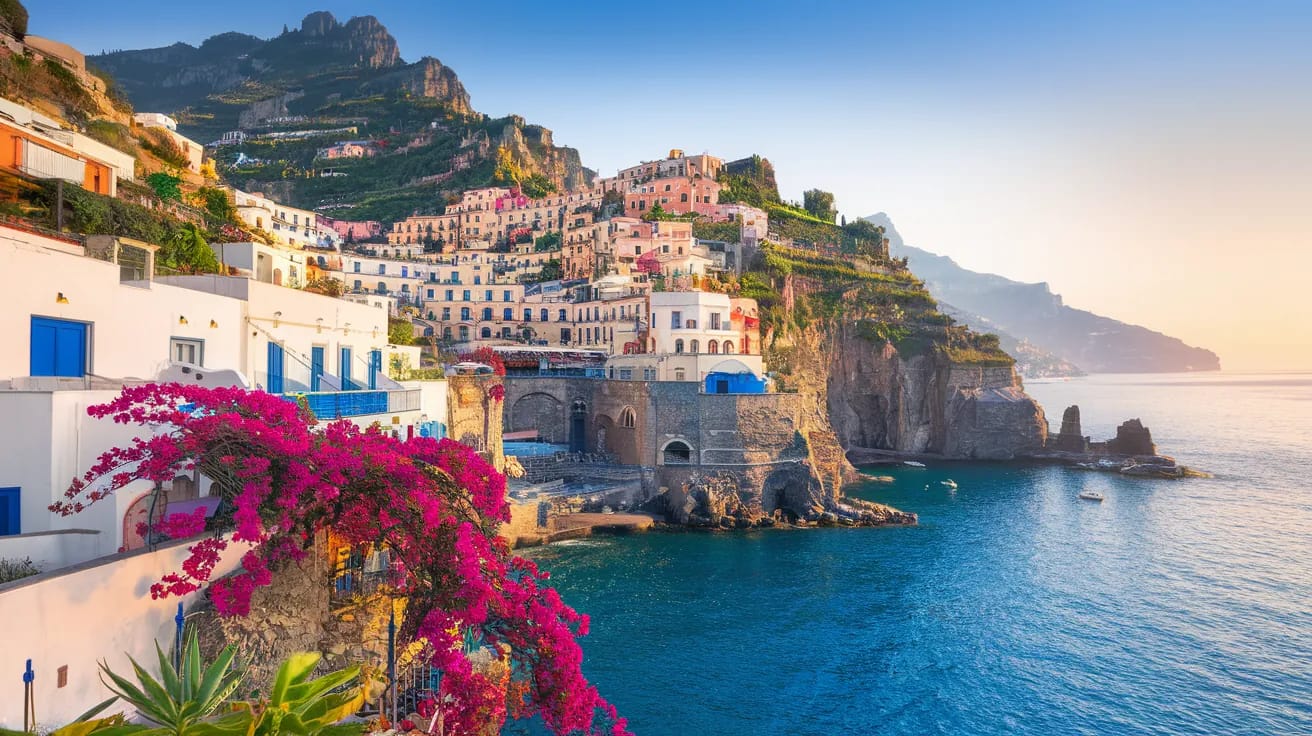 European landmarks panorama - Eiffel Tower, Mediterranean, Alps