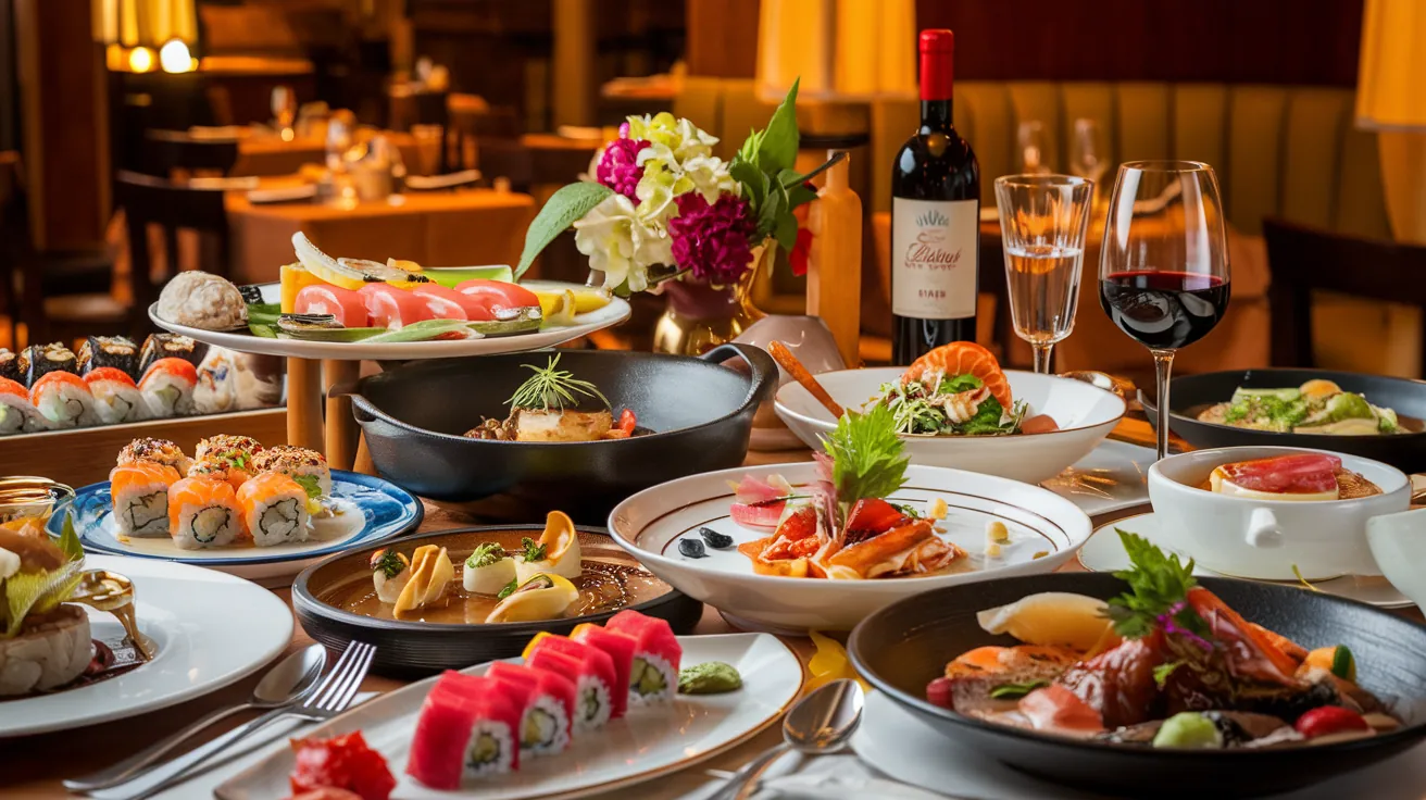 Lavish spread of gourmet food representing global cuisines