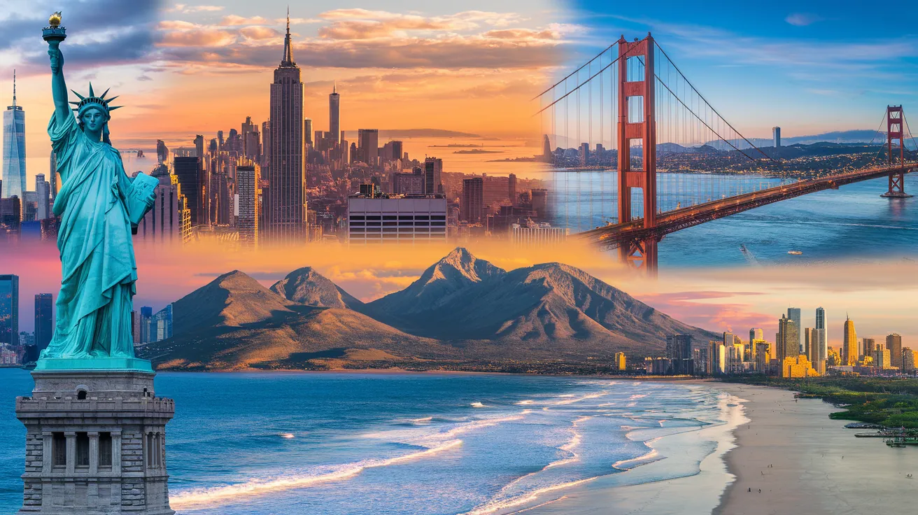 North American landmarks - Statue of Liberty, Golden Gate Bridge, Canadian Rockies