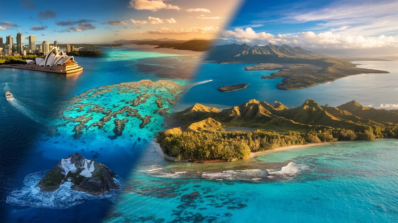 Oceania landscape - Sydney Opera House, Great Barrier Reef, New Zealand Alps