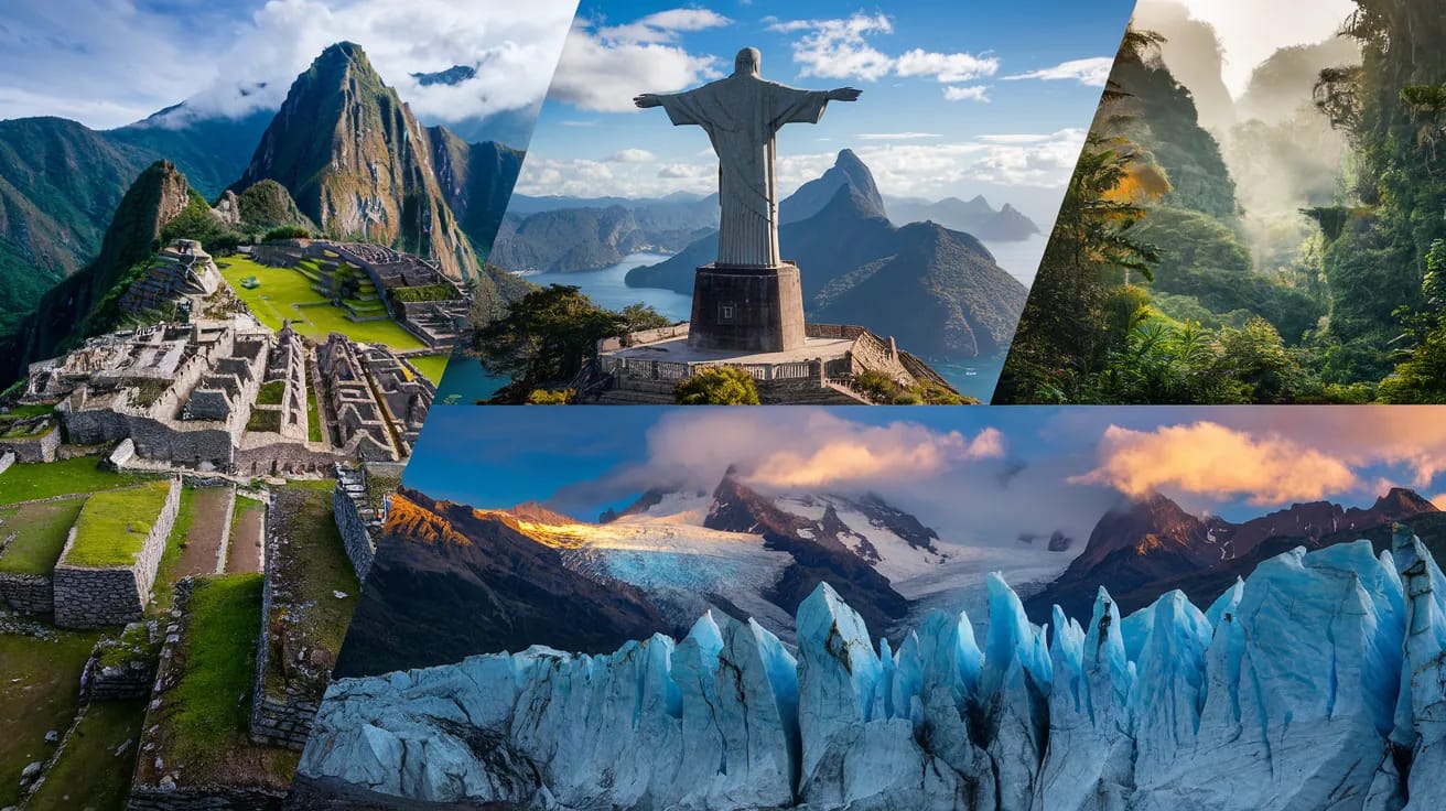 South American landscapes - Machu Picchu, Amazon rainforest, Patagonia glaciers
