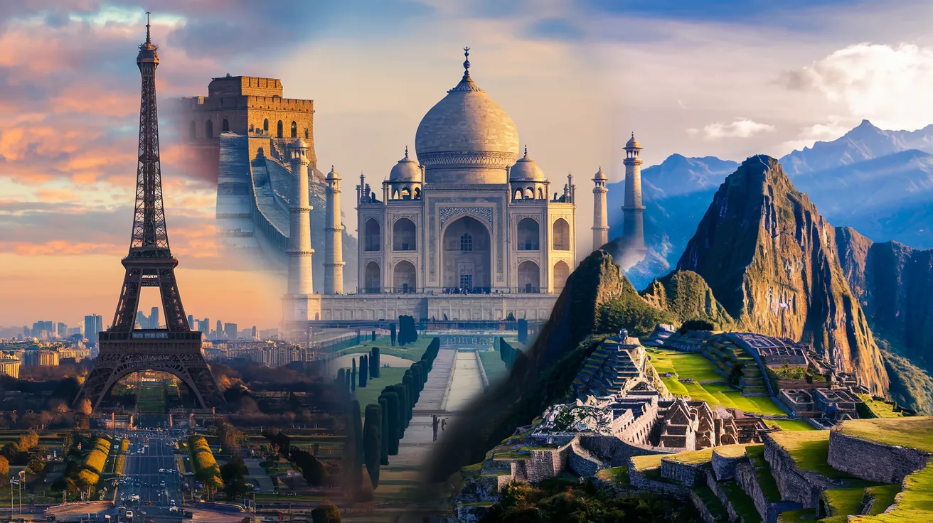 Montage of world wonders including Eiffel Tower and Taj Mahal
