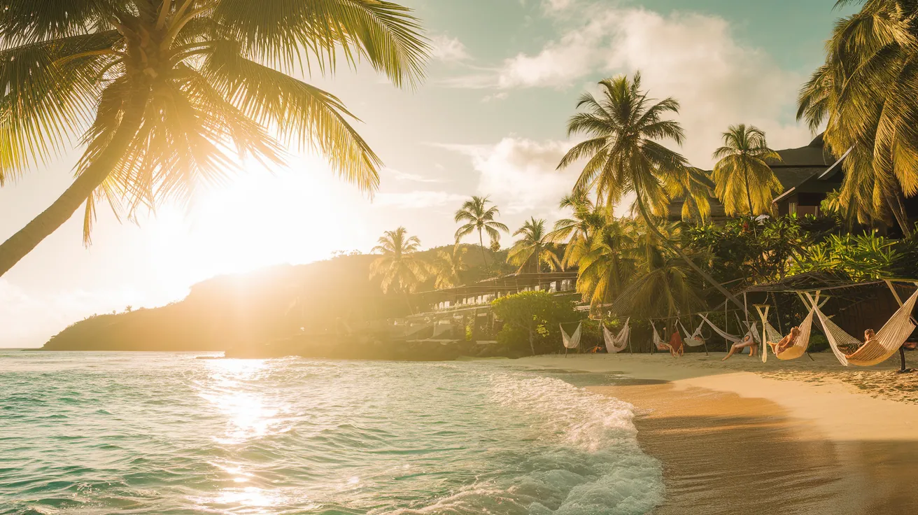 Tropical beach with palm trees at sunset - perfect winter escape